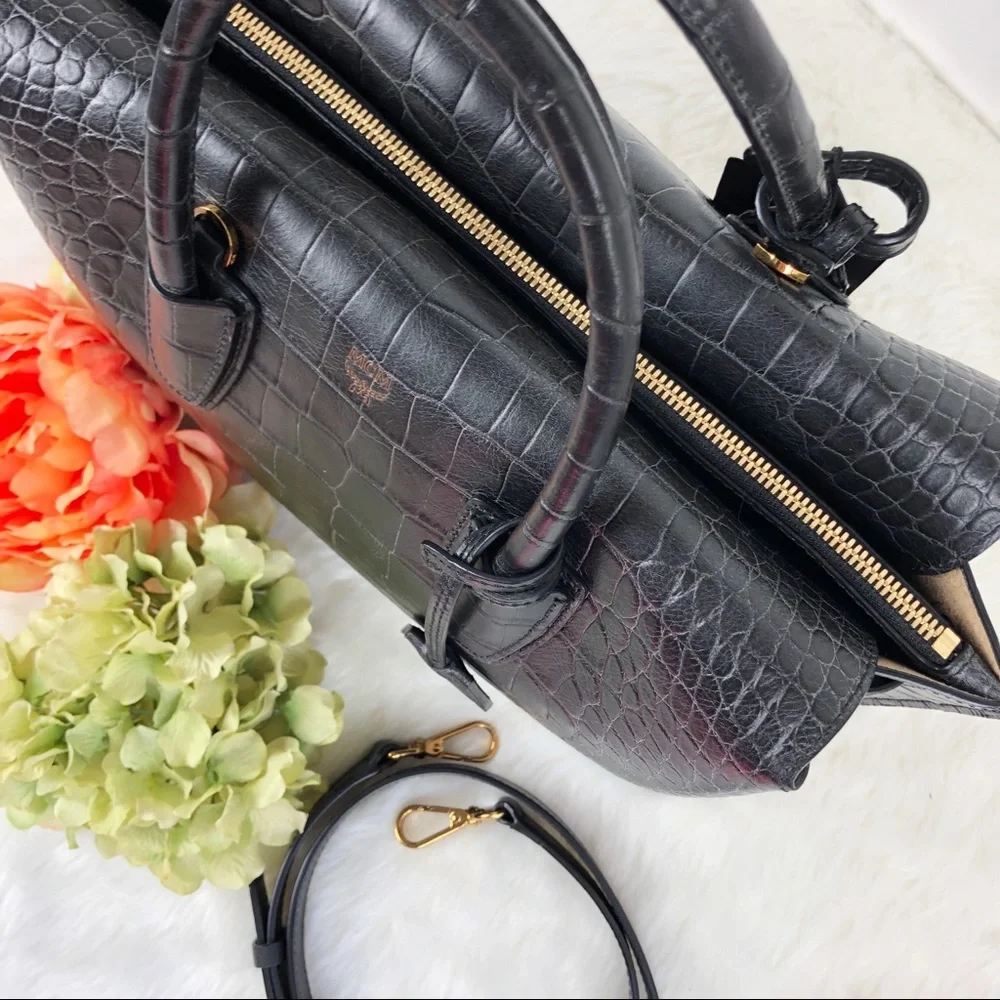 MCM Milla Medium Crocodile Black tote purse